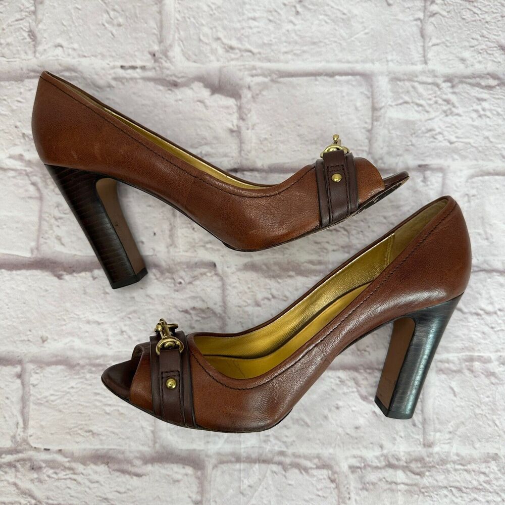 Coach Uma Pumps Women’s 9.5 B Shoe Buckle Peep Toe Brown Leather Heel